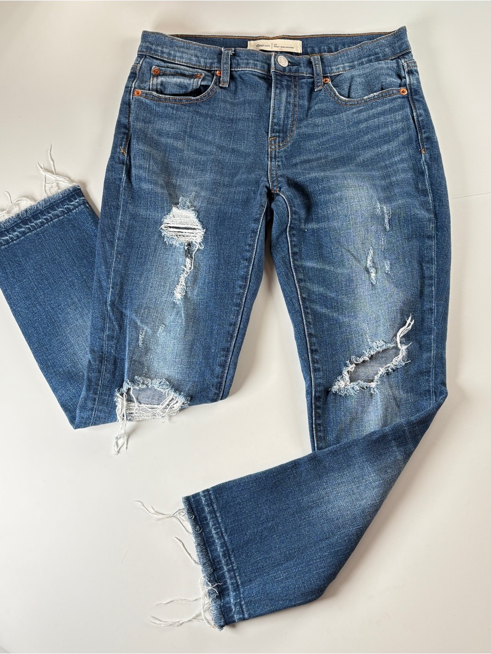 Gap Best Girlfriend Jeans 26 Distressed Ripped Raw Hem Med Wash Y2K Grunge Indie